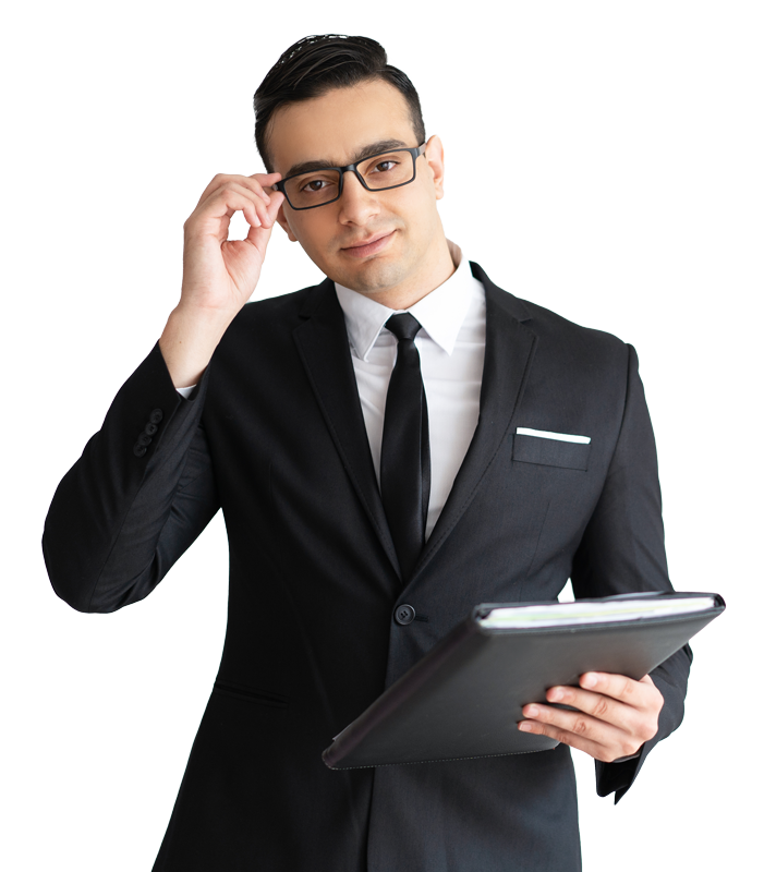 serious handsome young businessman adjusting glasses holding folder